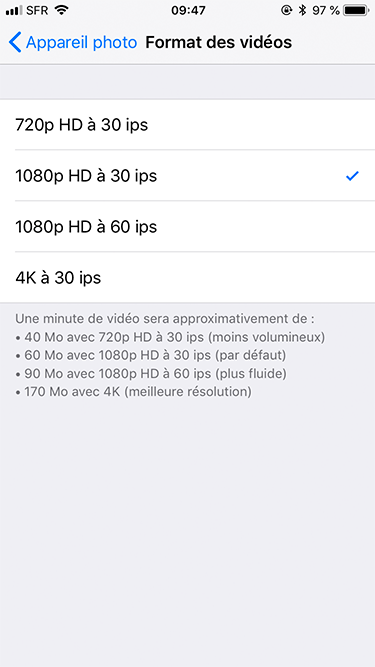 régler fromat vidéo 4K Iphone