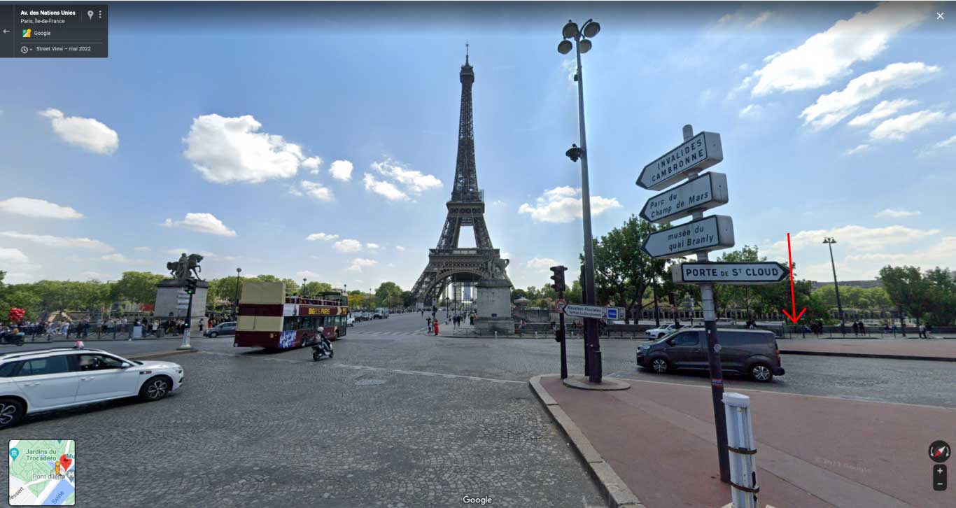 Place de Varsovie à Paris. Google map screen shot of the itinerary to meet your photographer for a surprise marriage proposal in Paris with Eiffel Tower as background during day time.